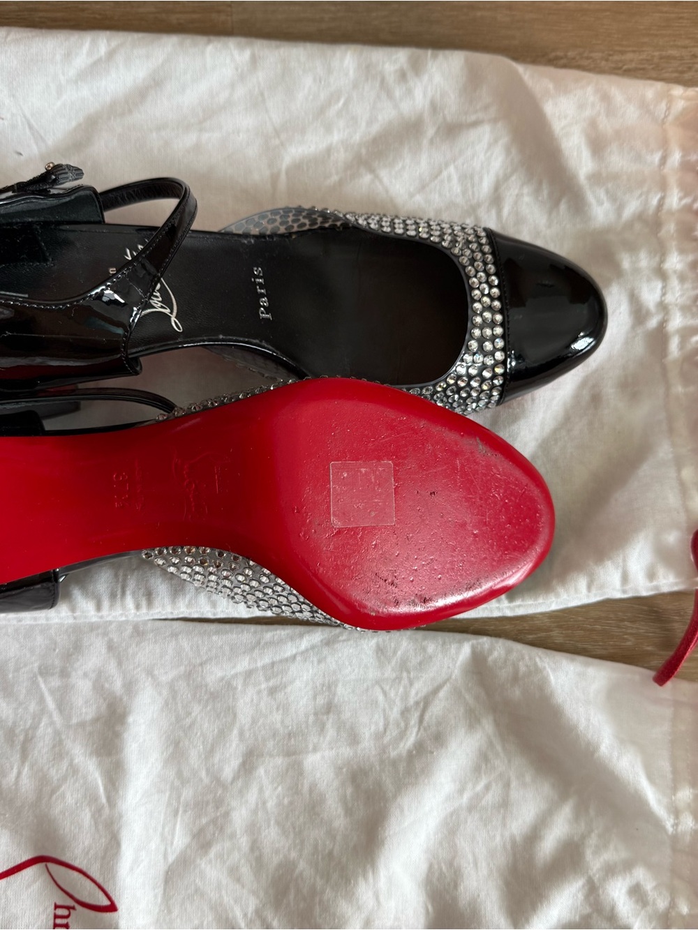 Christian Louboutin Black Patent Crystal-Trim Slingback Heels - Picture 7 of 7